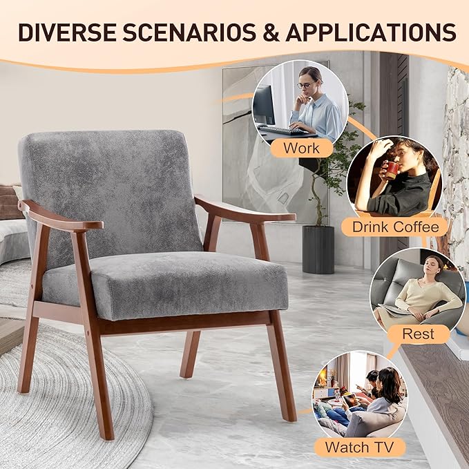Mid-Century Accent Chair Upholstered Fabric Living Room Chair with Solid Wood Frame Modern Small Side Arm Chairs Comfy Wingback Reading Chair for Bedroom Office (Grey)