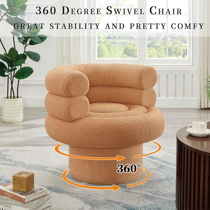 360° Swivel Accent Chair - Cozy Sherpa Fabric Ergonomic Barrel Design Stylish and Comfortable for Living Room Bedroom or Office (Camel-Sherpa)