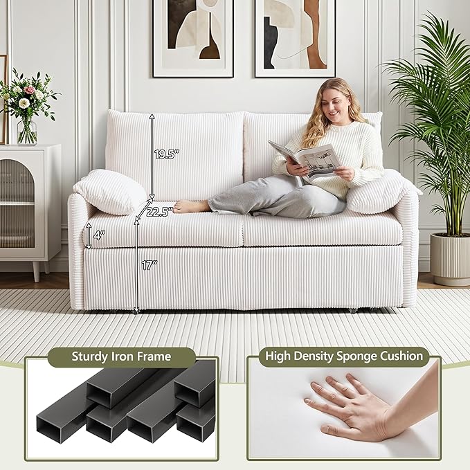 Queen Size Pull Out Couch Sleeper Sofa Bed Queen with USB Storage Pockets &amp Pillows 3-in-1 Modern Convertible Loveseat Couch Bed for Living Room Bedroom Office Apartment Corduroy(Beige)