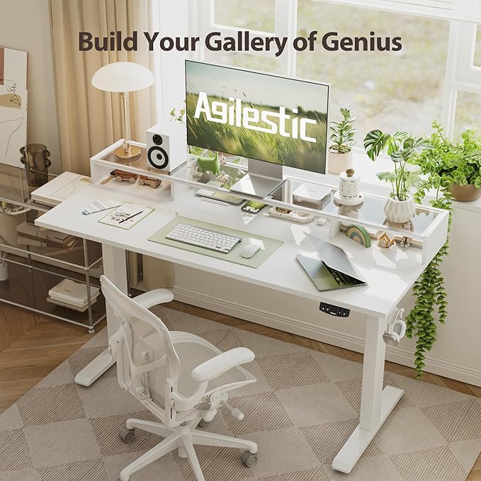 Agilestic Glass Standing Desk with Storage 48 Inch Electric Adjustable Desk with Glass Shelf Sit Stand Up Home Office Computer Table Splice Board White