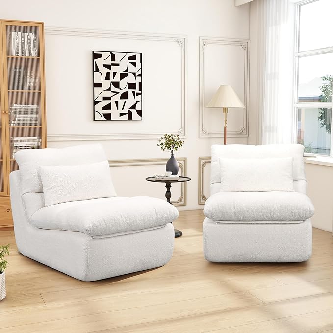 FHFO Sponge Single Sofa 32 Boneless Sofa for Small Spaces Comfy Sofas with Removable Cover Teddy Compression Sofa with Pillows for Living Room Bedroom Apartmen-Beige