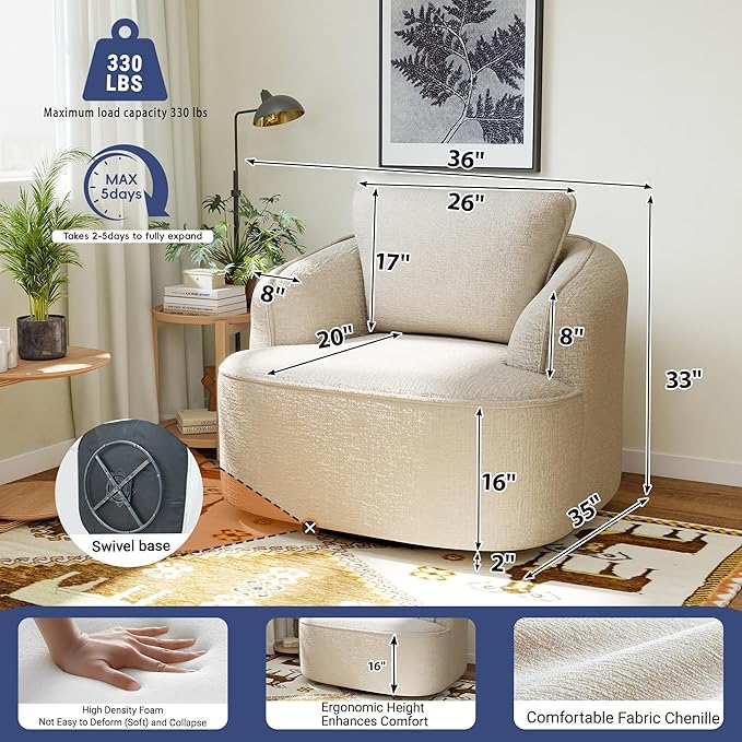 36 Swivel Barrel Chair 360° Rotating Accent Chair with Plush Chenille Upholstery Ergonomic Back &amp Boneless Comfort for Living Room Bedroom Office No-Assembly Beige