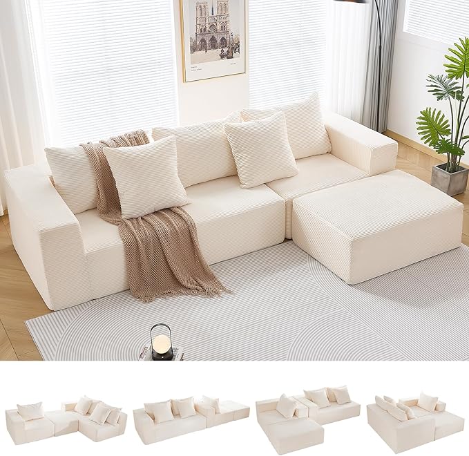 INGEROOM 108 Cloud Sectional Couch with L-Shape Chaise Modular Sofa Memory Foam Boneless Sofa with Movable Ottoman Upholstered Couches for Living Room Bedroom No Assembly Required Beige