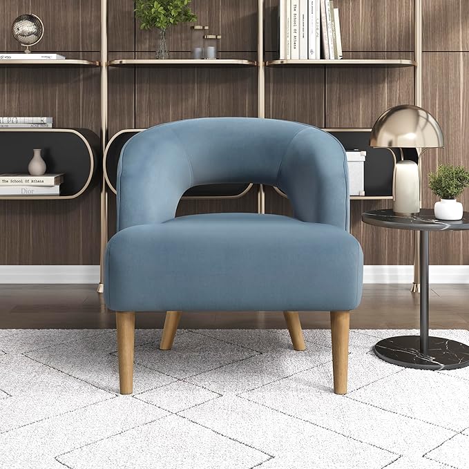 Lexicon Accent Arm Chair Modern Comfy Velvet Accent Chair Open Back with Solid Wood Legs for Living Room/Bedroom/Office/Waiting Room Blue