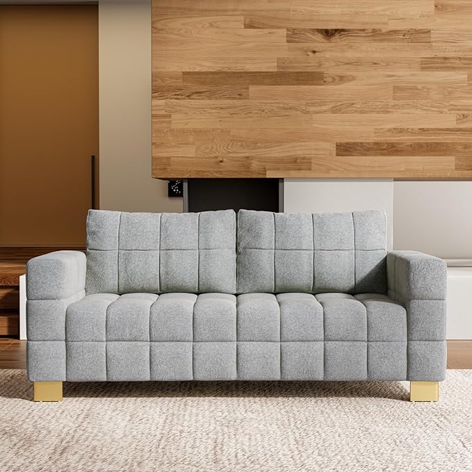 81.89 Sofa Comfy 3 Seat Sofa Tufted Chenille Upholstered Sofa Couch for Living Room with Gold Metal Legs and 2 Throw Pillows (Grey（3+3）)