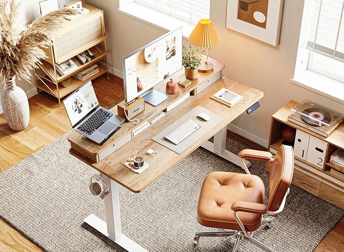 Cubiker 55 x 24 Electric Standing Desk with Double Storage Drawers Height Adjustable Home Office Computer Workstation 4 Adjustable Feet &amp 2 Hooks Maple