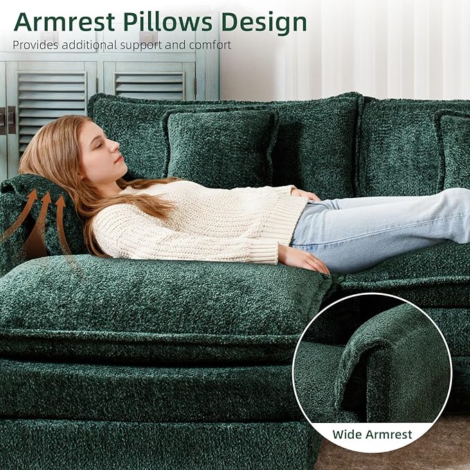 GNIXUU 112 Green Modular Cloud Couch Sofa Modern Chenille L Shaped Sectional Couches for Living Room Comfy Deep 4 Seater Sofa with Movable Ottoman &amp 3 Pillows