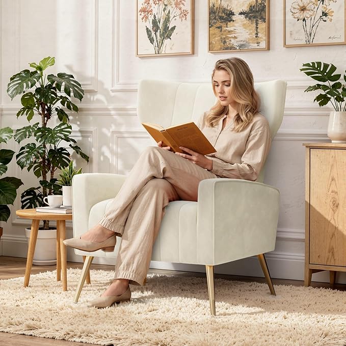 Beige Velvet Accent Chair Set of 2 Wingback Chair for Living Room High Back Arm Chair with Golden Legs Lumbar Pillow Upholstered Single Sofa Bedroom