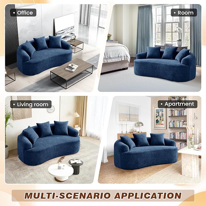 65 Curved Loveseat Sectional Sofa for Living Room Modern Plush Chenille Cloud Round Deep Seat Compressed Boneless Couch with 3 Throw Pillows for Small Apartment No Assembly Needed Blue