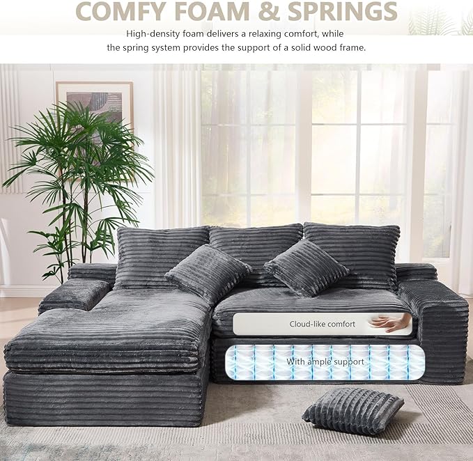 Modern Cloud Sectional Couch with L-Shape Chaise Modular Boneless Sofa with Deep Seat Comfy Plush Upholstered Couches for Living Room Apartment No Assembly Required Grey (Corduroy)