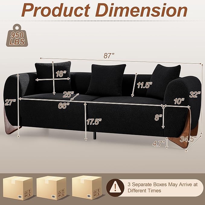 87 Sherpa Boucle Cloud Couch Modern 3 Seater Sofa with Solid Wood Legs 25 Extra Deep Seat Comfy Thick Cushion Upholstered Sofa Couches with 3 Pillows for Living Room Black