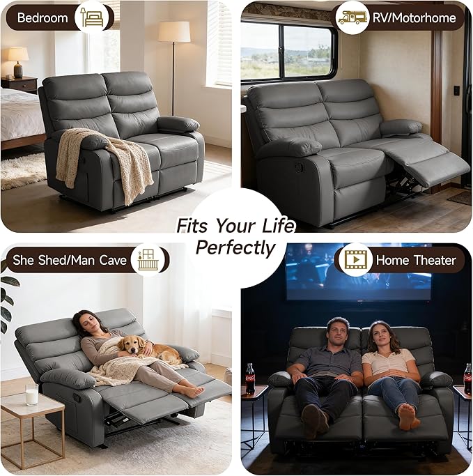 Reclining Loveseat Leather Double Recliner Sofa with Side Pocket Wall Hugger Loveseat Recliner for Living Room RV Home Theater(Grey)