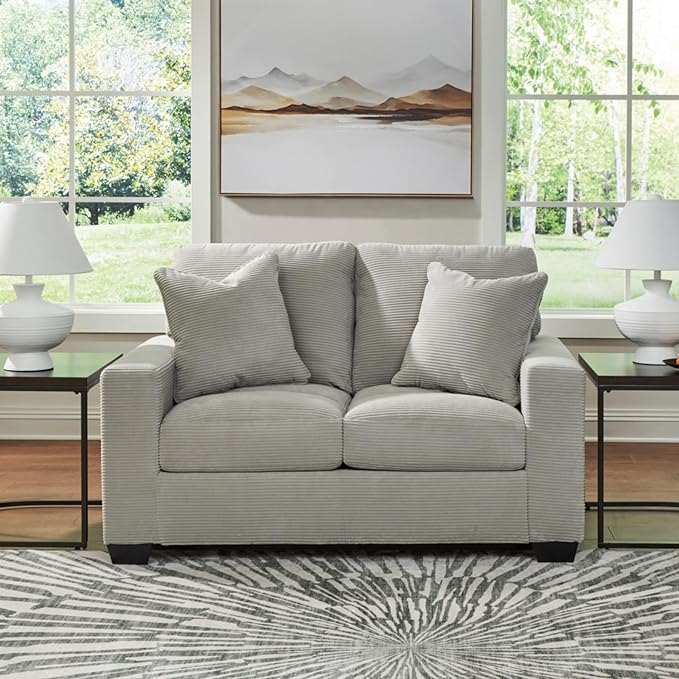 Signature Design by Ashley Ammon Casual Anti Sag Loveseat with Loose Seat Cushion and 2 Accent Pillows Light Gray