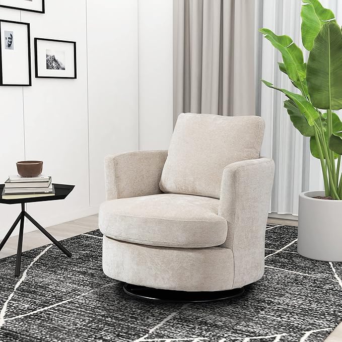 31.9W Beige Chenille Swivel Accent Barrel Chair Comfy Round Accent Sofa Chair 360 Rotation Degree Club Chair Leisure Arm Chair for Nursery Bedroom Living Room Lounge Hotel Office (Beige)
