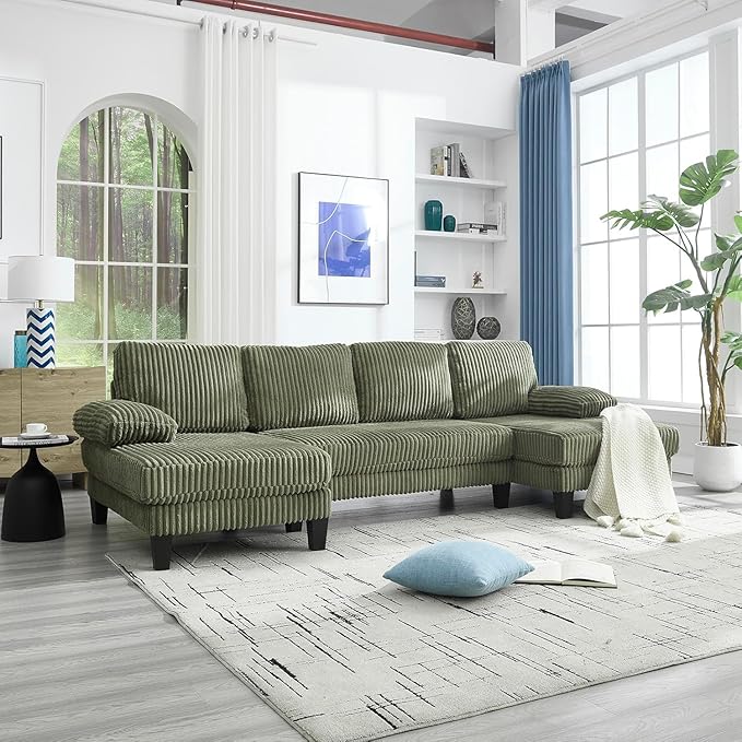 114.2” W Corduroy Sectional Sofa for Living Room U-Shaped Couch with Double Chaises and Comfortable Backrest Modern 4-Seater Deep Cloud Sofa for Small Spaces(Green)