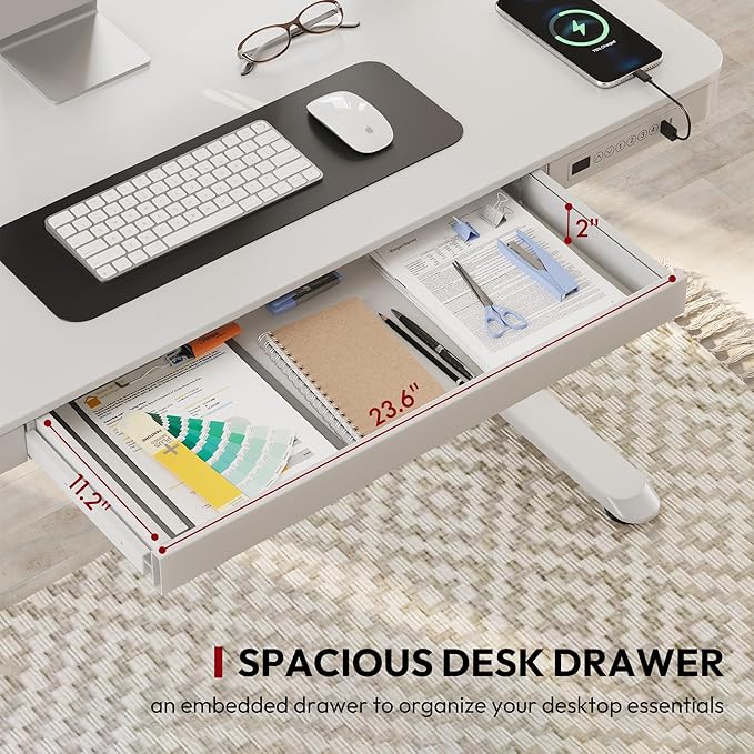 SANODESK Standing Desk with Drawer Electric Height Adjustable Home Office Desk with Storage &amp USB Ports 48 inch White Wood Tabletop/White Frame