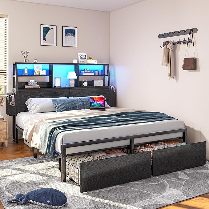 Full Size Bed Frame with Storage Full Bed Frame with LED Light and Charging StationBed Frame Full with Headboard for ApartmentGuest RoomBlack