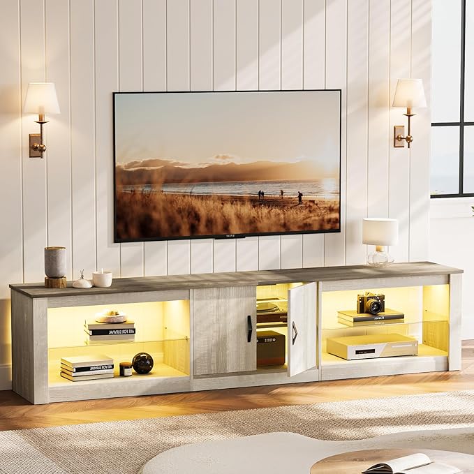Bestier 80 Inch TV Stand for 75/77/85/86 inch TVs LED Gaming Entertainment Center for PS5 with Storage Cabinet &ampAdjustable Glass Shelves Modern TV Console Table for Living Room Bedroom Wash Whi