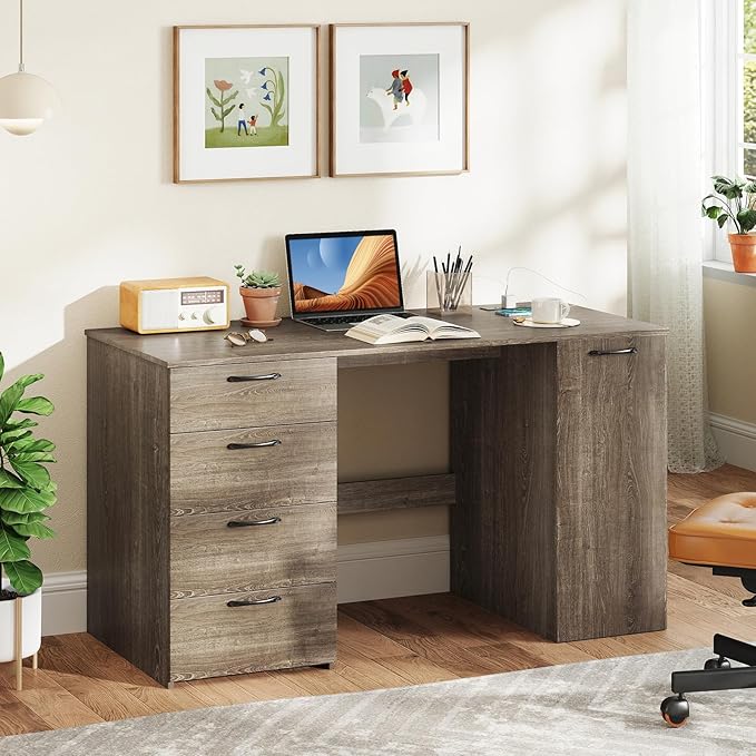 Computer Desk with Drawers 53’’ Study Table with Storage Cabinet &amp Power Outlet Wood Makeup Vanity Table Modern Writing Desk for Study Home Office Living Room Bedroom (Gray 53'')