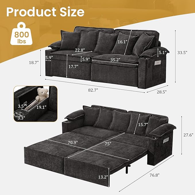 82.7’’ King Size Pull Out Sofa Bed 3 in 1 Convertible Sleeper Sofa Bed with Futon Sofa Black | USB Ports Chenille Loveseat Storage Pocket Pet-Friendly Pull Out Sofa Bed
