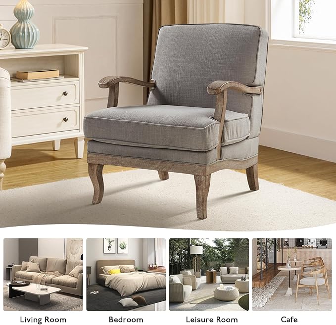 HULALA HOME Mid-Century Modern Accent Chair Upholstered Lounge Arm Chair with Solid Wood Legs and Armrest Removable Cushion Comfy Retro Reading Armchair for Living Room Bedroom Balcony Grey