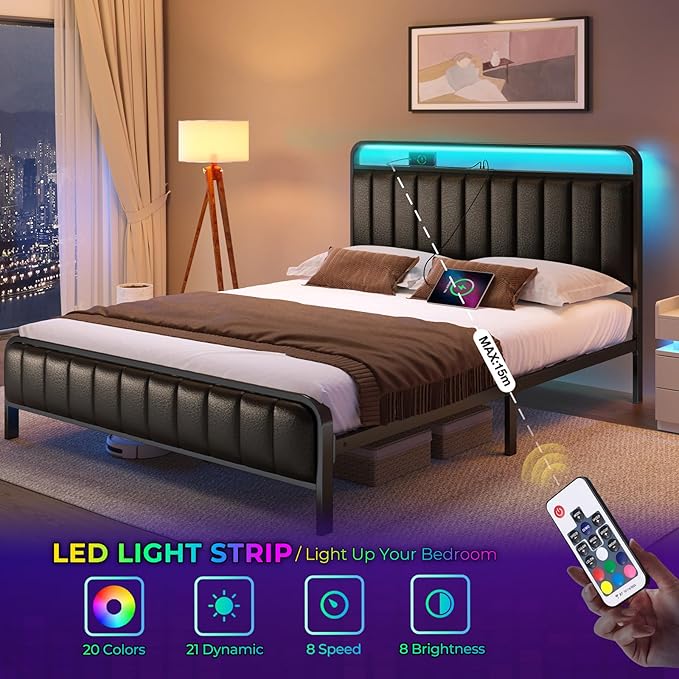 Rolanstar Full Size Bed Frame with LED Light and Charging Station Upholstered Headboard and Footboard Metal Slat Noise Free Easy Assembly Black