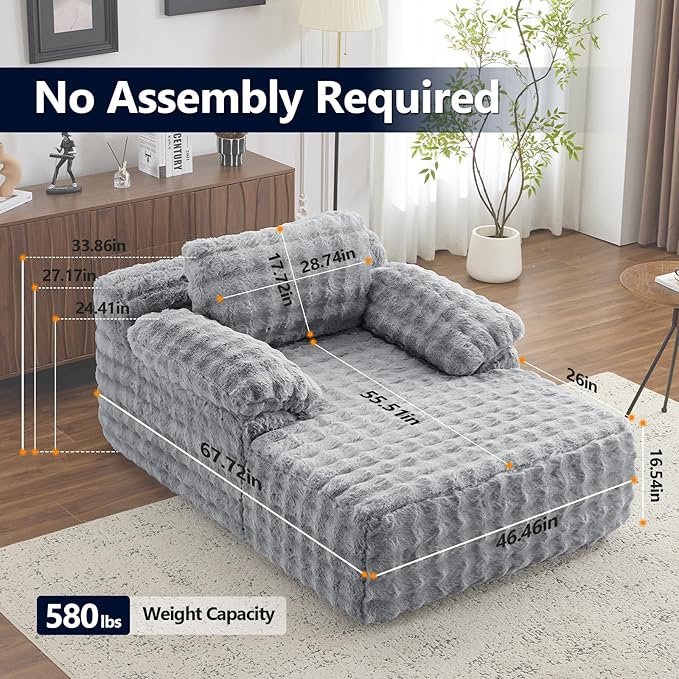 VINGLI 67.7 Oversized Chaise Lounge Chair Indoor Reading Chairs Comfy Bubble Fleece Upholstered Boneless Sofa Bed Sleeper Sofa Cloud Couches for Living Room Bedroom Play Room (Light Grey)