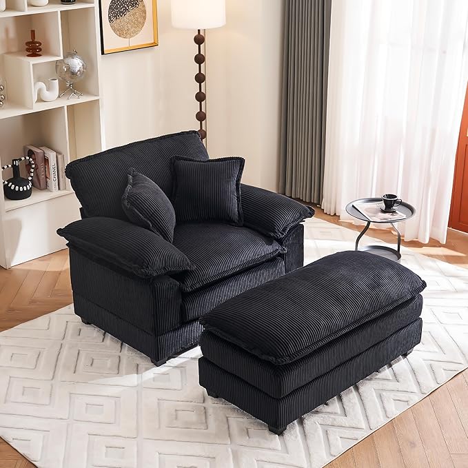 46.9 W Oversized Chair with Ottoman Corduroy Upholstered Chaise Lounge Chair Indoor Reading Chairs Sofa Couche Oversized Comfy Chairs for Living Room Bedroom (Corduroy Black)