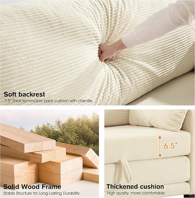 65 Loveseat Sleeper Sofa Bed Corduroy Convertible Sofa Bed for Small Spaces Folding Couch Bed with Deep Seat 2 Pillows &amp Solid Frame Pull Out Floor Couches for Living Room Beige