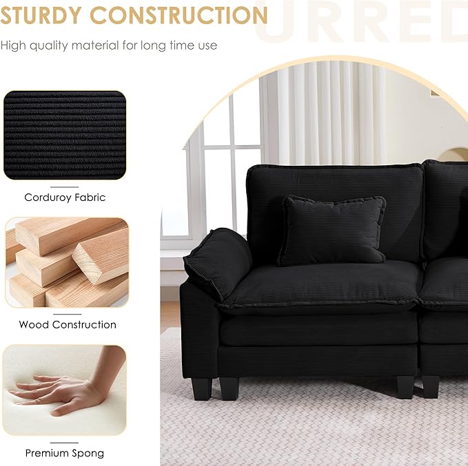 URRED Modular Cloud Couch Sectional Sofa 87 L Shaped Deep Seat Sofa with Ottoman &amp Pillows Ultra Comfy Corduroy Loveseat Sofa for Living Room Apartment or Bedroom Black | Corduroy Fabric