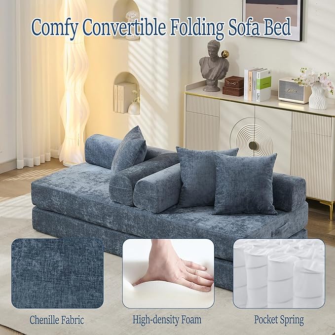 Convertible Folding Sofa Bed Modular Floor Couch 78.8‘’ Cloud Sleeper Sofa with Removable Backrest Chenille Foldable Mattress Couch Lazy Loveseat for Small Space Apartment Bedroom Blue