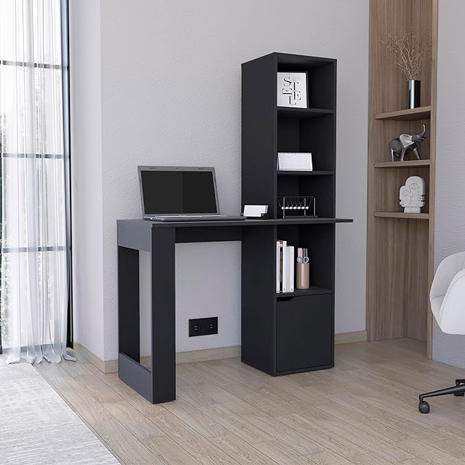 Iowa Computer Desk Home Office Setup with Bookshelf Black