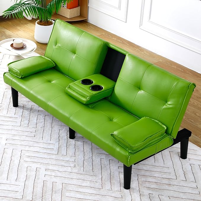 KEIKI 67 Convertible Sofa Bed with Cup Holder 3 in 1 Futon Sofa Bed PVC Sleeper Sofa Chair for Living Room Office Green