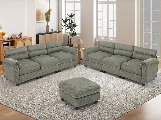 Corduroy Sofa Set Upholstered Ottoman Modern Loveseat and 3-Seater Couch Set of 2 with Plush Cushions and Rolled Arms Modern Living Room Furniture SetsGreen