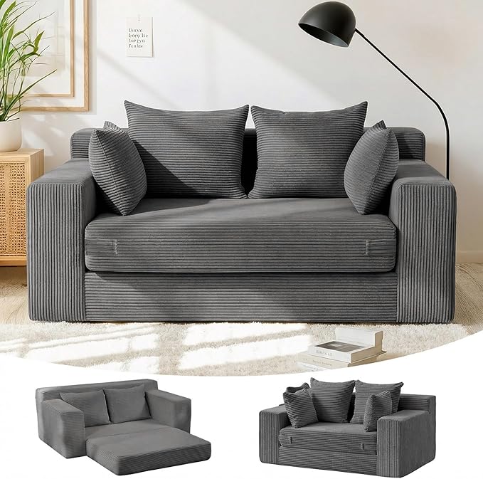 Winzon Boneless Loveseat 3 in 1 Convertible Sofa Bed Sleeper Sofa Floor Futon Bed with 4 Pillows 55 Grey Boneless Couch for Living Room Guest Room Small Space No Assembly Required Corduroy