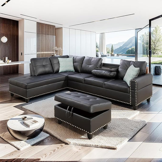Livavege Faux Leather Sectional Sofa with Chaise Lounge Storage Ottoman 2 Cup Holders &amp Pillows 6-Seater Upholstered Tufting Corner L Shape Couches for Living Room Furniture Sets Apartment 98