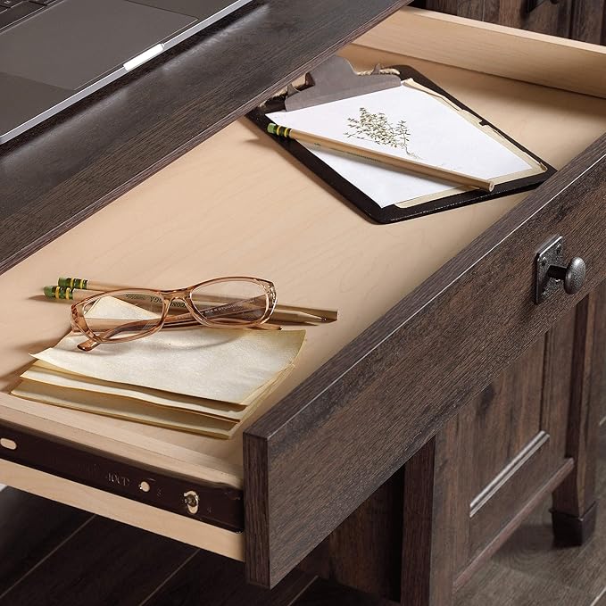 Sauder Carson Forge Rustic Vintage Computer Desk with Drawers Storage in Coffee Oak finish