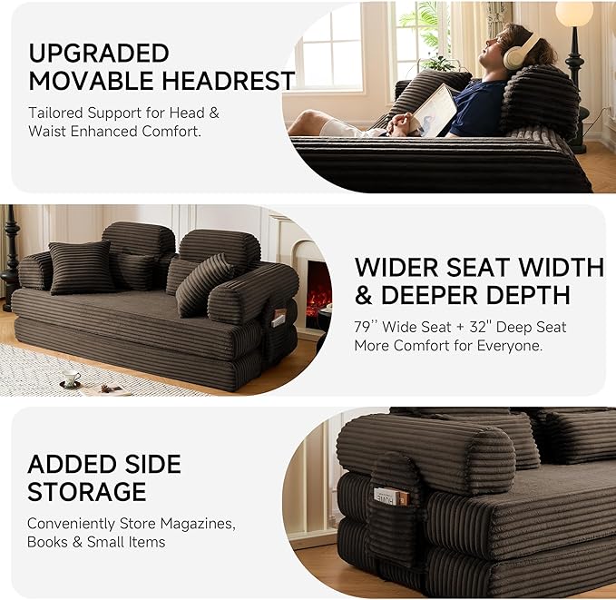 79 Sofa Bed Deep Seat 32 Sleeper Sofa 5-in-1 Convertible Sofa Bed Boneless Couch in a Box Corduroy Floor Futon with Thickened backrest and Headrest Pillows Side Pockets Brown