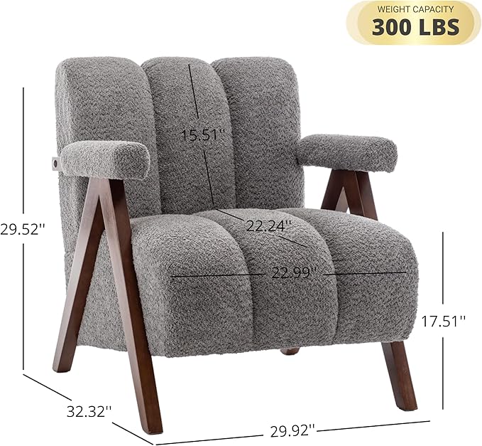 Mid Century Modern Accent Chair with Solid Wood Frame Boucle Upholstered Living Room Chairs with Thick Cushion Comfy Tufted Arm Chair for Bedroom Grey