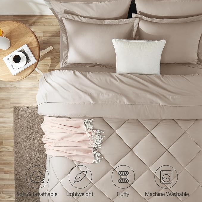 CozyLux Queen Comforter Set Linen - Bed in a Bag Queen Size 7 Pieces Luxury Soft Bed Set for All Seasons Bedding Set with Down Alternative Comforter Sheets Pillowcases &amp Shams