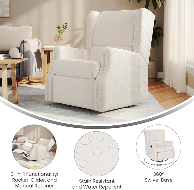 Flash Furniture Omma Swivel Glider Rocking Recliner Manual Wingback Recliner with 360 Degree Swivel for Living Room Bedroom or Nursery Upholstered Off-White Boucle