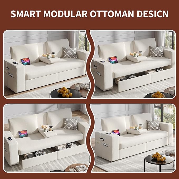 Maupvit 75” Loveseat Sofa with 2 Drawers USB &amp Type-C Charging Port Comfortable Linen Living Room Couch with Small Table Board Upholstered Small Settee Fits Bedroom OfficeBeige