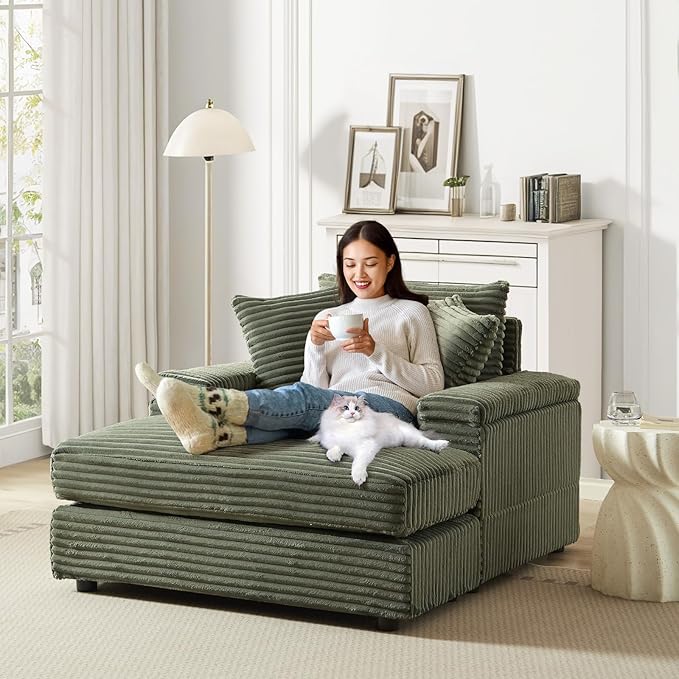 Chaise Lounge Chair Indoor 44 Inch Comfy Corduroy Sectional Cloud Couch Upholstered Single Sofa w/Movable Ottoman for Living Room Bedroom Apartment Green