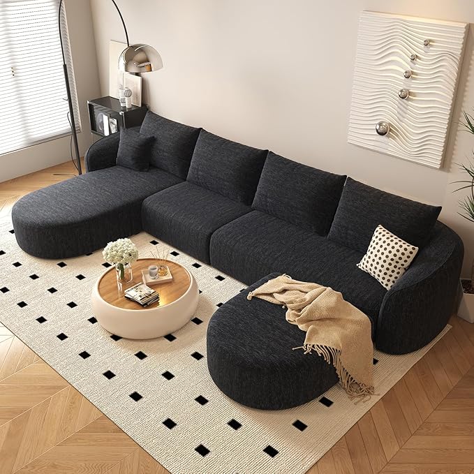 138.6 U Shaped Modern Modular Sectional Curved Back Sofa with Ottoman Minimalist Style Comfy Cloud Couch for Living Room Apartment No Assembly Required Boneless Couches (BlackLeft Facing Chaise)