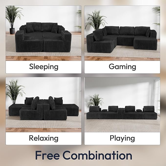 132 U Shaped Couch Modular Sectional Sofa with Chaise Corduroy U Shaped Boneless Couch with Deep Seat Upholstered Modular Cloud Sofa for Living Room No Assembly Required Black