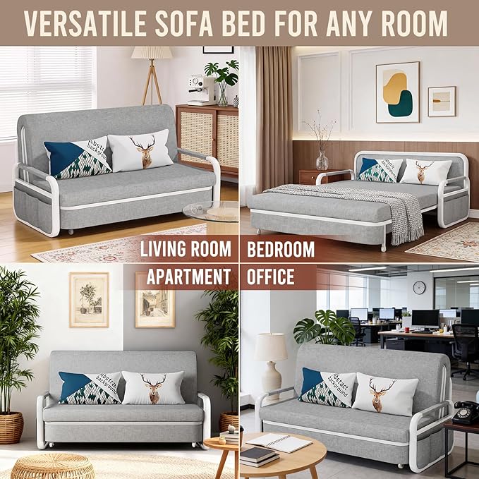 62 Pull Out Sofa Bed 3 in 1 Convertible Sleeper Sofa Full Size Loveseat Couch Bed with Storage Trundle and 2 Pillows for Living Room Bedroom Dorm Office RV (Stone Gray-809)