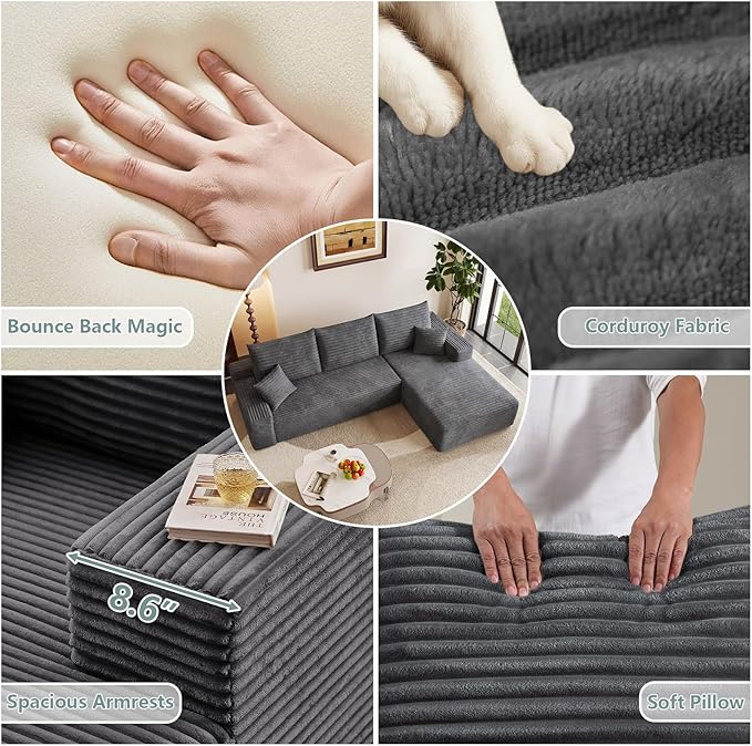 Modular Sectional Sofa Cloud Sectional Couch95Comfy Fluffy L-Shaped Couches for Living RoomDeep Seat Memory Foam Plush Corduroy Boneless Couch Sectionals No Assembly(Dark GrayRight-Facing Chaise)