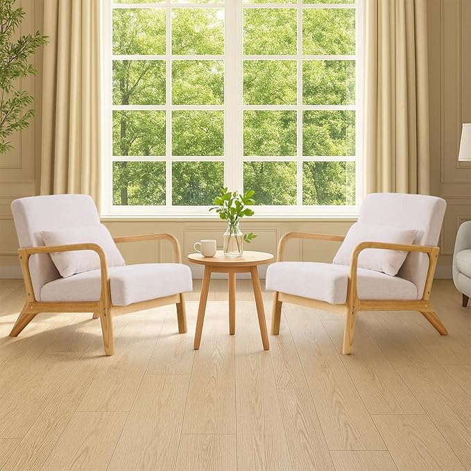 Joysoul Modern Accent Chair - Mid Century Modern Armchair with Waist Cushion &amp Solid Wood Frame Upholstered Lounge Chair for Living Room Bedroom Office(Cream)