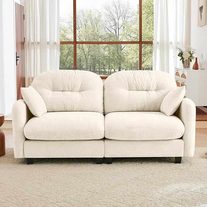 JULYFOX Button Tufted Fabric Couch 8 inch Overstuffed 24 inch Extra Deep Seat Button Tufted Back Mid Century Mordern Sectional Sofa Ottoman for Small Spaces (Beige)