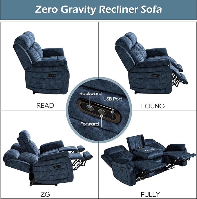 Zero Gravity Power Reclining Sofa with Adjustable Headrest Electric Reclining Couch with Wireless Charge USB Ports Power Loveseat Recliner Sofa for Living Room (Blue-Sofa)
